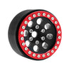 Black beadlock wheels with a red rim and removable hex hub for an RC crawler.