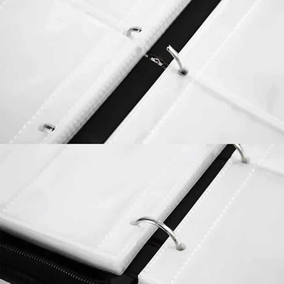 Close-up view of a white PU leather card binder with a black zipper and silver hardware.