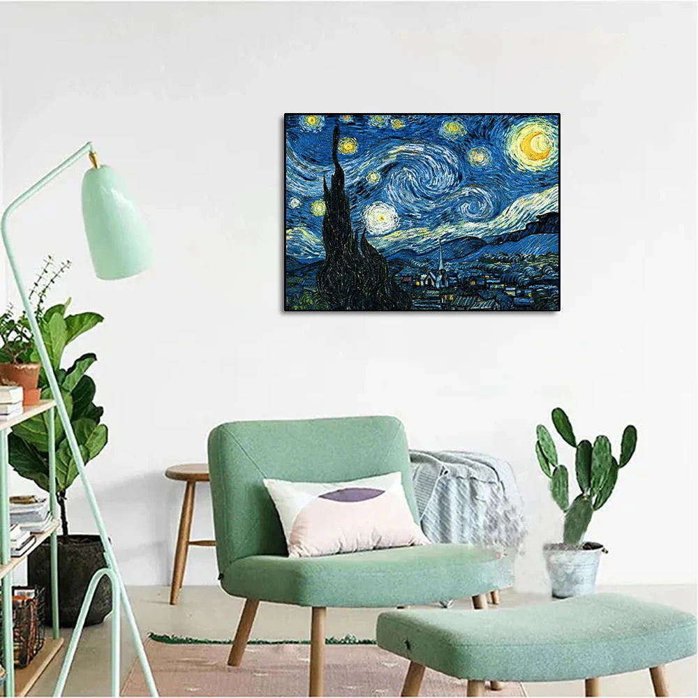 A diamond painting kit featuring the Van Gogh Starry Night scene on canvas.