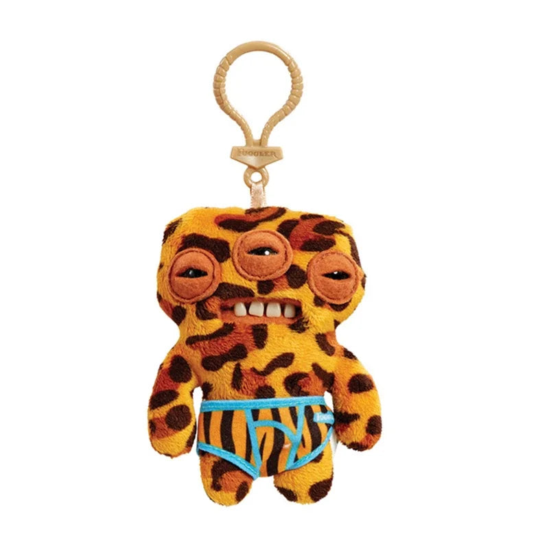 A 12 cm Fuggler Funny Plush Monster Keychain with a yellow and black leopard print rabbit design.