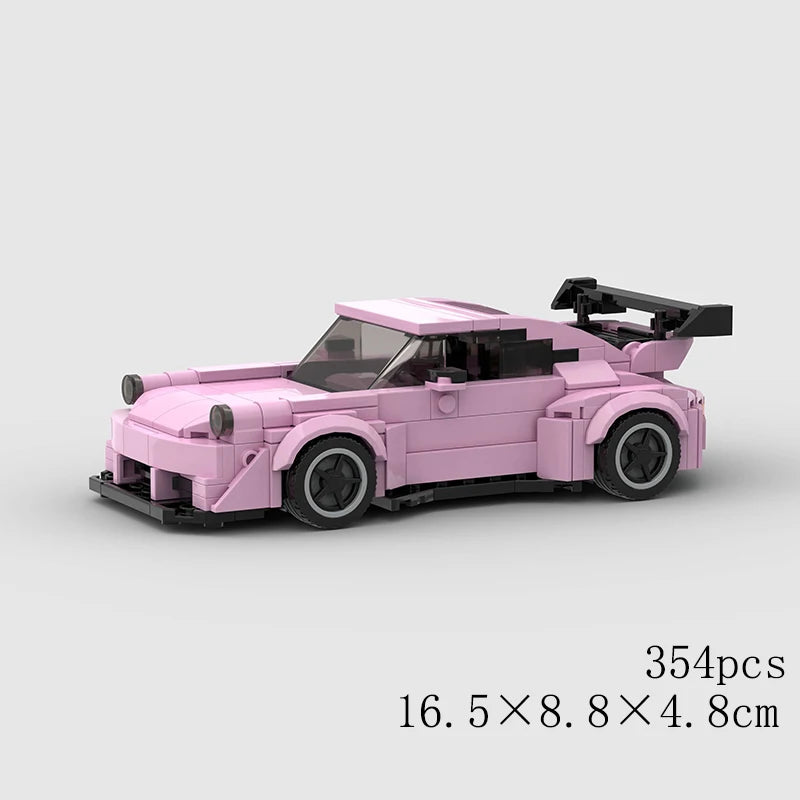A pink classic rally car building block set shown from the side.