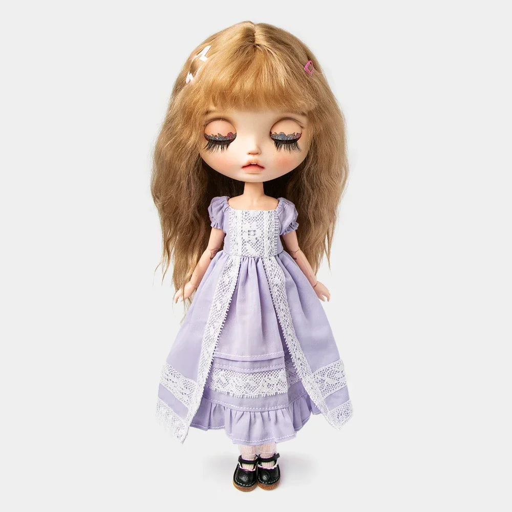 A vintage lace maid dress set for a 1/6 scale doll featuring a lavender dress and matching accessories.