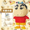 A detailed mini building blocks model kit of a person wearing a red shirt and yellow pants.