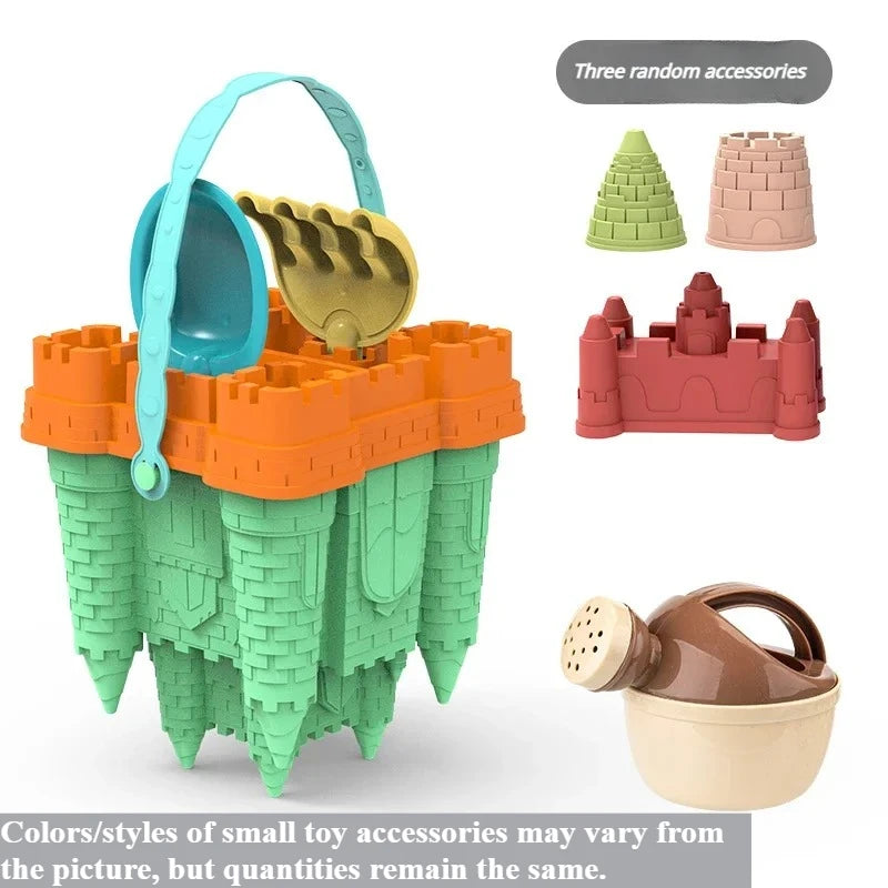 A green beach castle sand play set with a bucket and scoop, along with three random accessories.