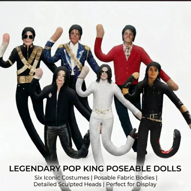 Six iconic pop king poseable dolls featuring detailed costumes and sculpted heads for display