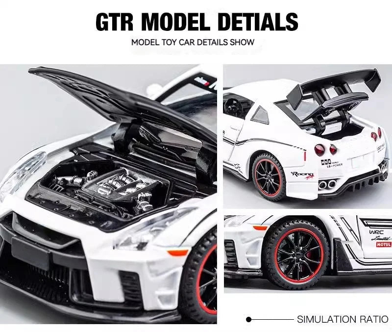 Close-up view of a white Nissan GTR model car showing engine details and features.
