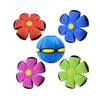 Five colorful, flower-shaped flying UFO pet toys for dogs in red, blue, yellow, purple, and green.