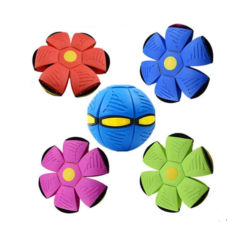 Five colorful, flower-shaped flying UFO pet toys for dogs in red, blue, yellow, purple, and green.