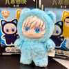 A fluffy light blue cat plush collectible featuring a blind box design with pink hair and blue eyes.