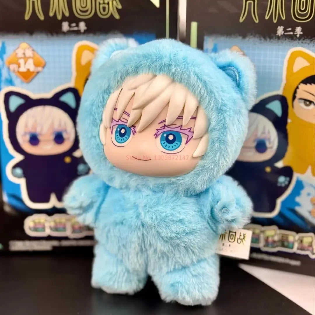 A fluffy light blue cat plush collectible featuring a blind box design with pink hair and blue eyes.