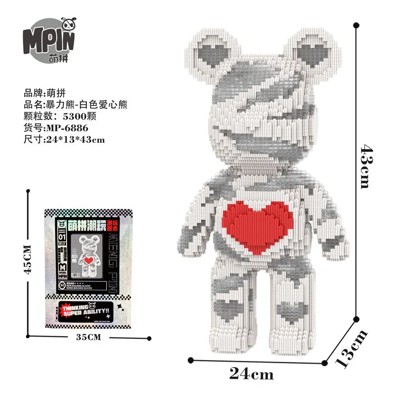 A detailed building block kit of a bear figure made from gray and white pieces.