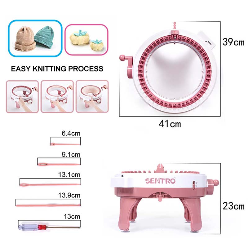 A manual knitting machine with various knitting needles and accessories shown in different configurations.
