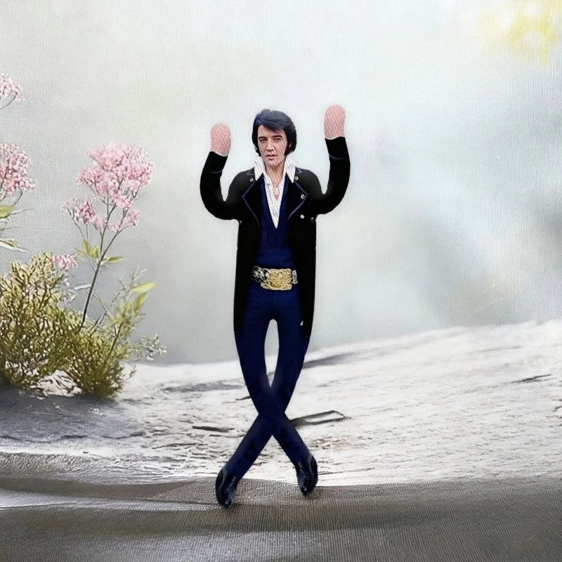 A plush doll resembling Elvis Presley with dark clothing and pink hands standing on a gray surface.