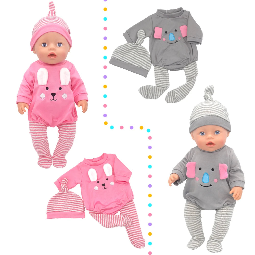 A pink doll outfit set for a baby featuring a pink long-sleeved top and striped pants with a gray accessory.