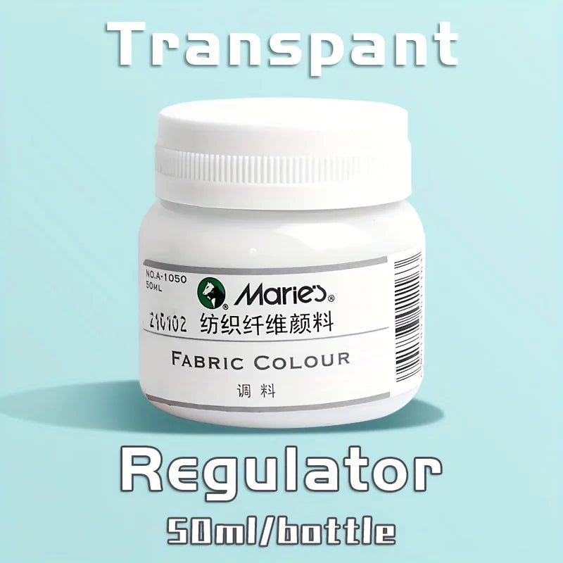 A white glass bottle of Transpant Fabric Colour regulator with a green label and a white cap.
