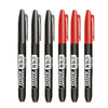 A set of six red permanent fine-tip markers in black and red packaging.