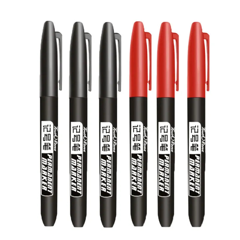 A set of six red permanent fine-tip markers in black and red packaging.