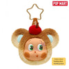 A fluffy bear-shaped earbud case cover with large eyes and a red accent.