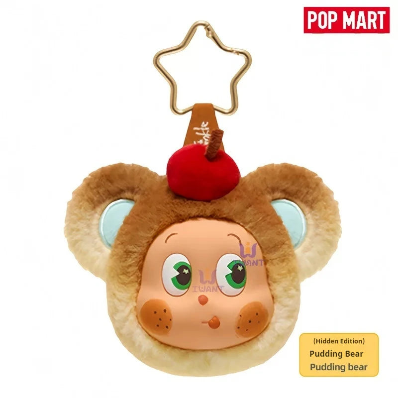 A fluffy bear-shaped earbud case cover with large eyes and a red accent.