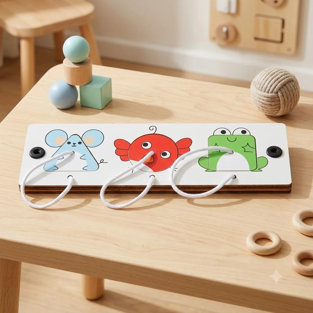 A wooden Montessori busy board featuring colorful animal shapes and sensory elements for toddlers.