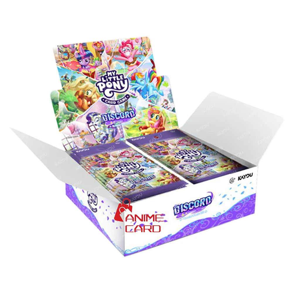 A box of My Little Pony Friendship Eternal Moon Edition collectible trading cards featuring various pony characters and Disco