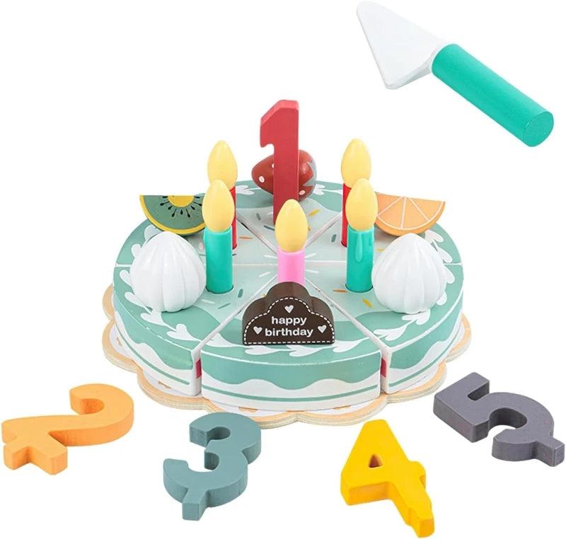 A wooden pretend play tea party set featuring a red number one cake and various colored food items.