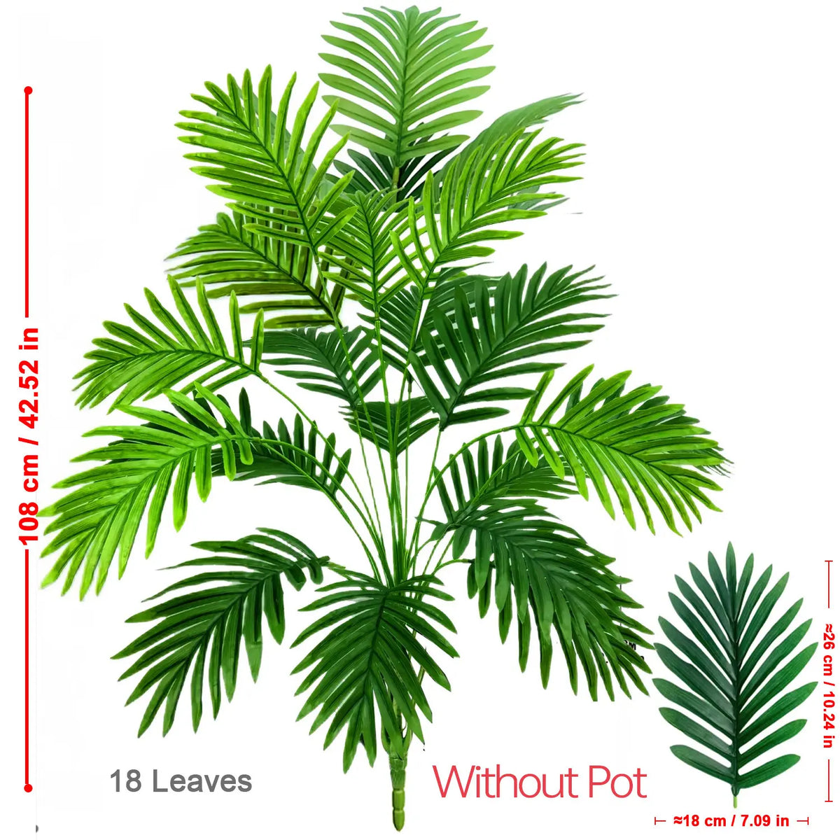 A vibrant green artificial areca palm plant with 18 leaves shown without a pot.