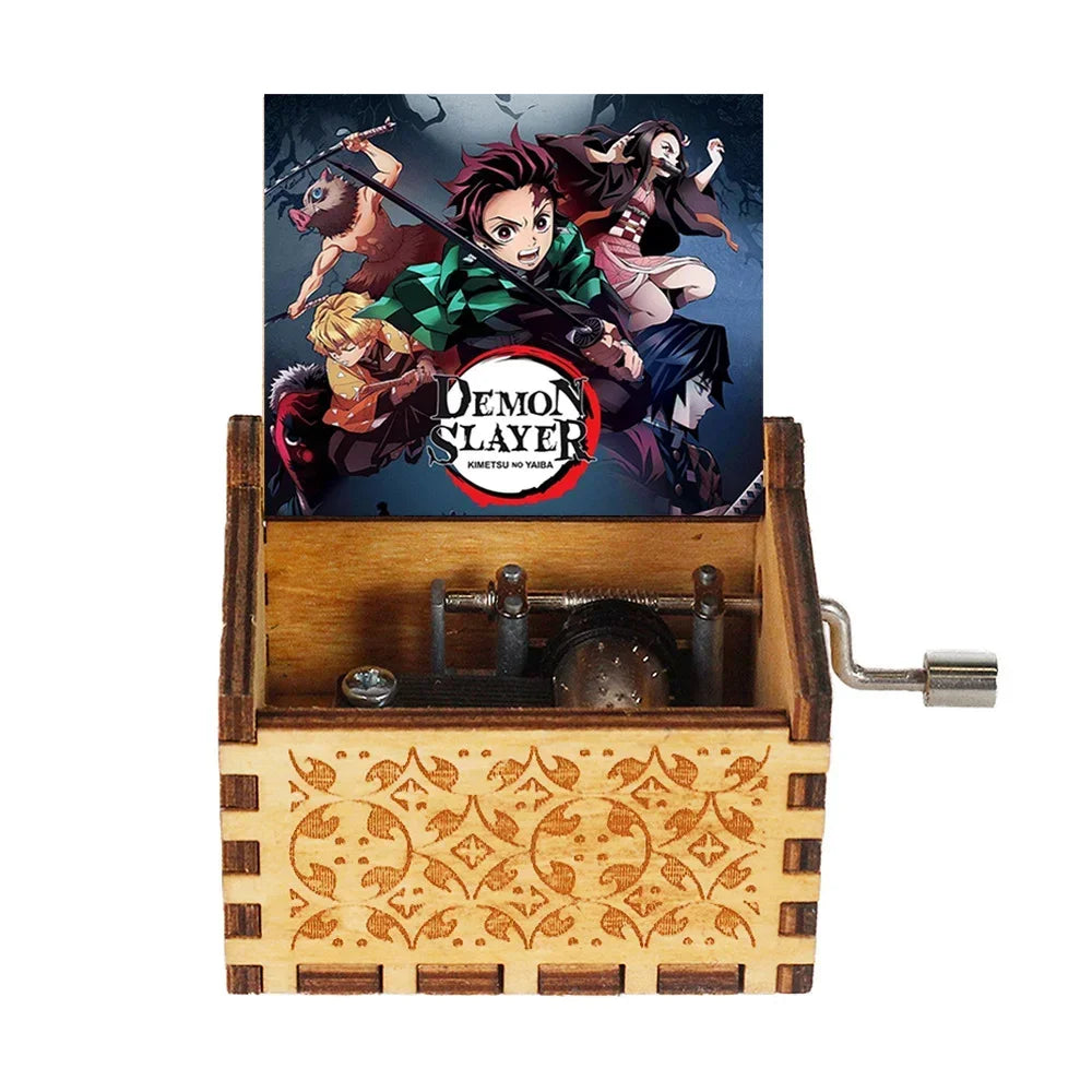 Hand-Cranked Wooden Music Box – Demon Slayer Carved Design