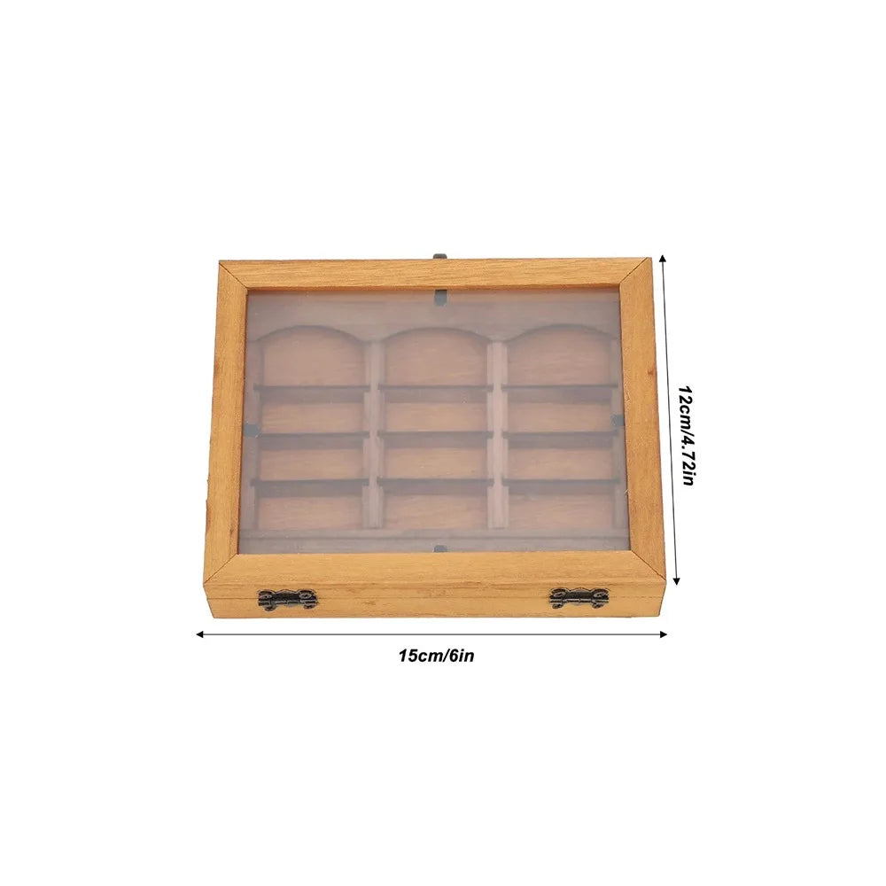 Wooden anxiety relief bookshelf decor with a glass shelf and mini fidget compartments