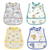 A set of four cute cartoon waterproof baby bibs in various patterns and colors.