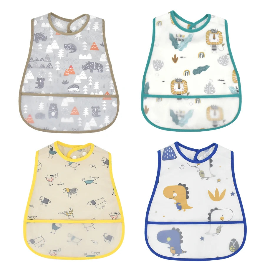 A set of four cute cartoon waterproof baby bibs in various patterns and colors.