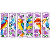 A set of six cross-stitch bookmarks featuring colorful birds and purple flowers.