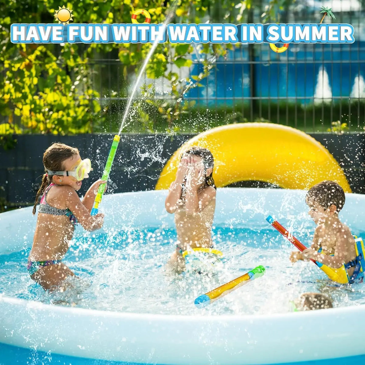 A child is playing with a water blaster in a blue pool outdoors during summer fun.