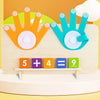 A set of wooden fingers and numbers used for teaching early math concepts like addition and counting to toddlers.