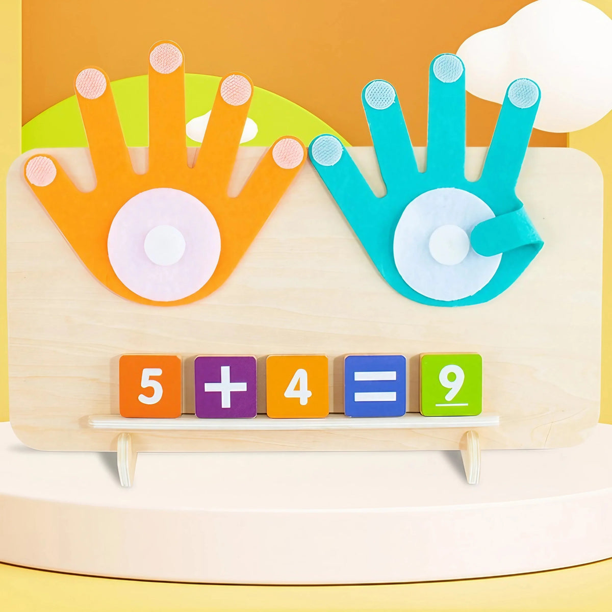 A set of wooden fingers and numbers used for teaching early math concepts like addition and counting to toddlers.
