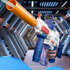 A close-up of an electric water blaster toy gun with an orange barrel being fired in a futuristic indoor setting.