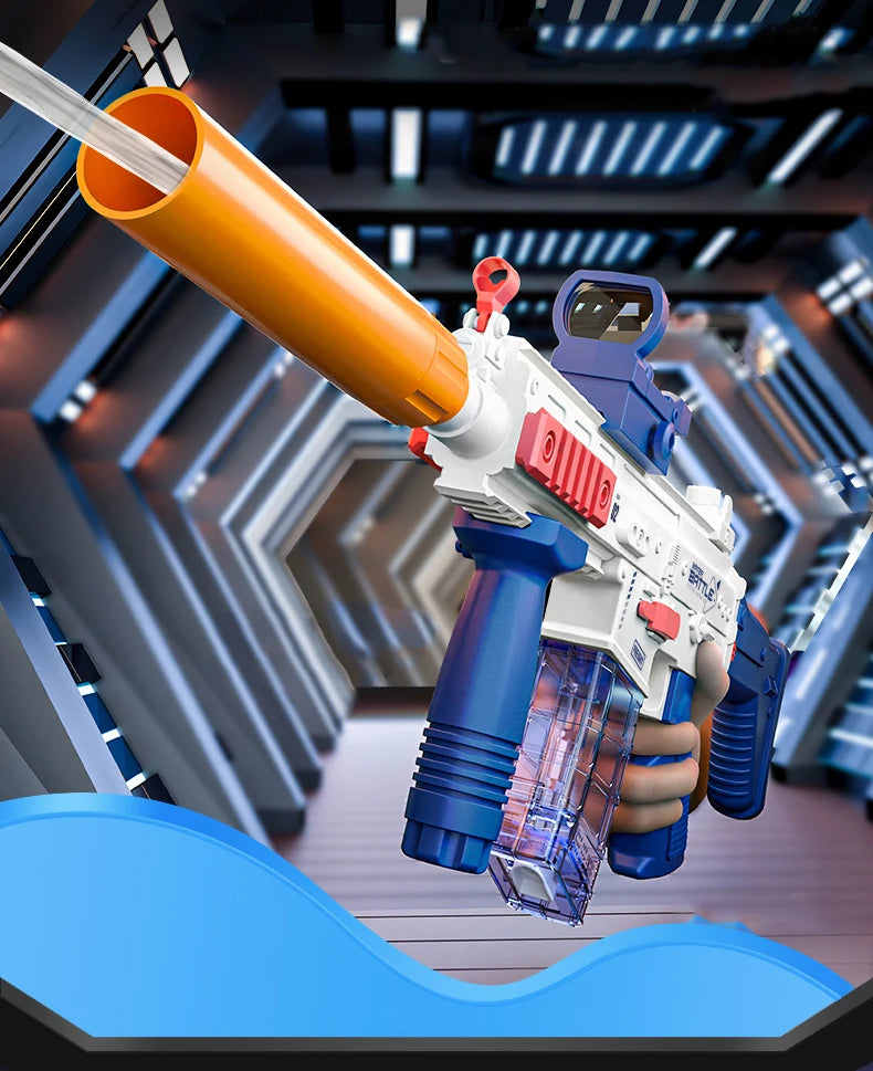 A close-up of an electric water blaster toy gun with an orange barrel being fired in a futuristic indoor setting.