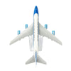 Diecast Boeing airplane model with a blue nose cone and white wings displayed against a white background.