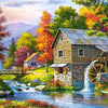 A vibrant autumn landscape featuring a rustic wooden house, flowing water, and colorful foliage.
