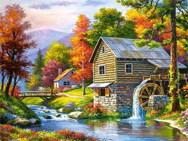 A vibrant autumn landscape featuring a rustic wooden house, flowing water, and colorful foliage.