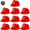 A set of ten red firefighter helmets for kids displayed in a row.