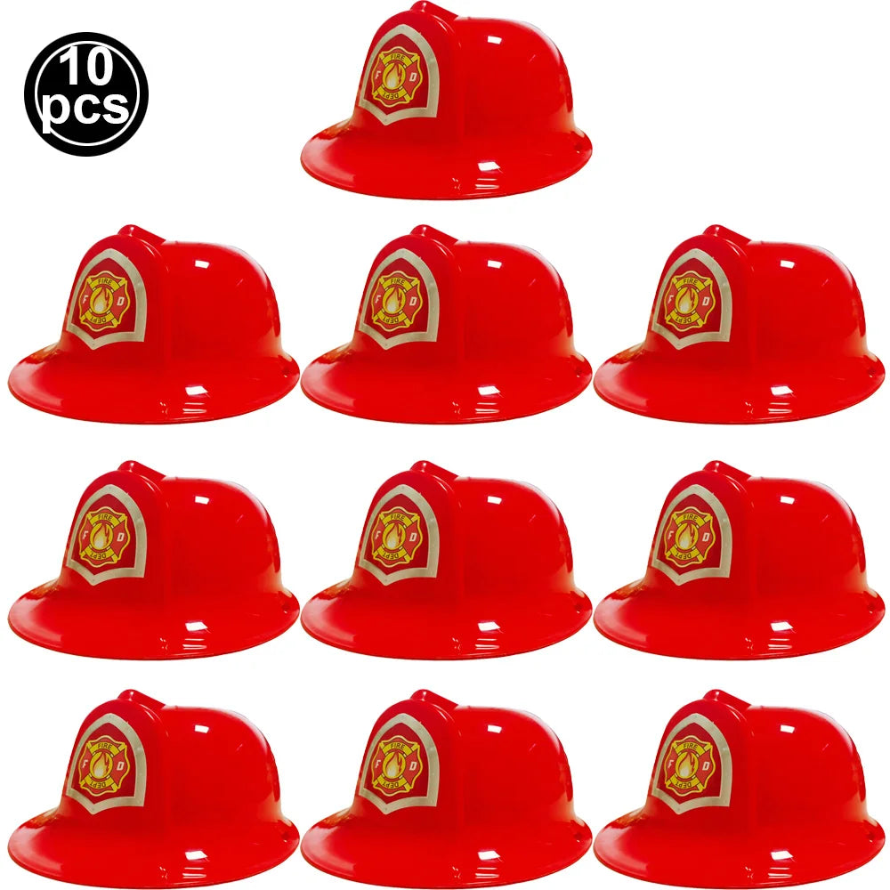 A set of ten red firefighter helmets for kids displayed in a row.