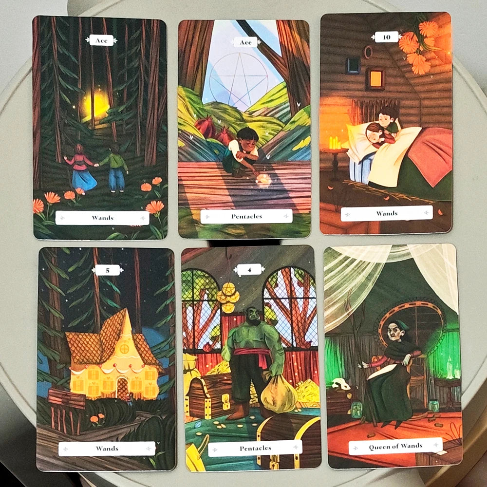 A collection of illustrated tarot cards featuring woodland fairy tale themes and botanical art.