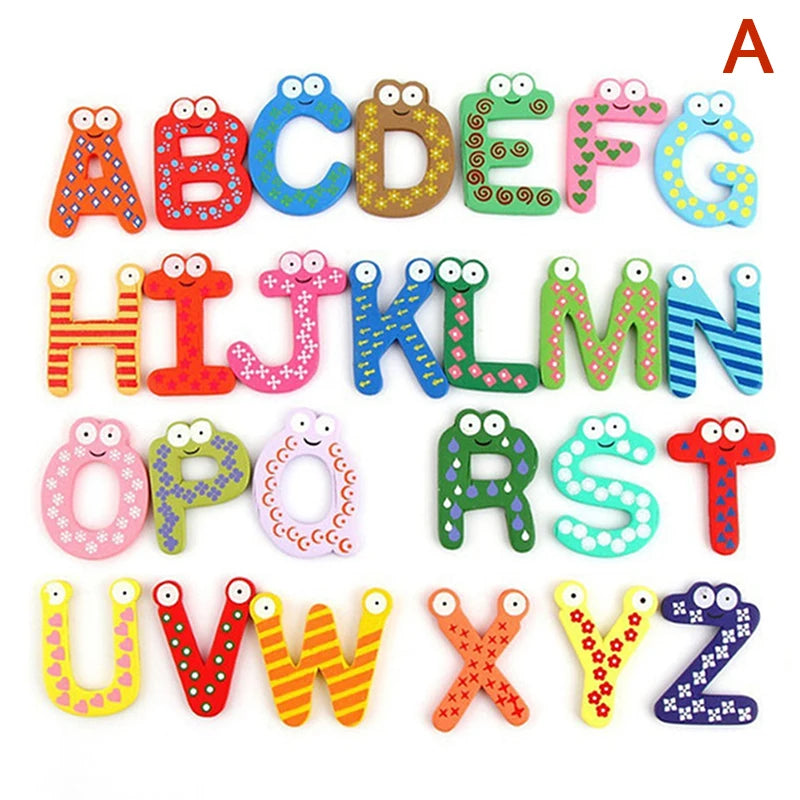A set of wooden magnetic alphabet letters A through Z for kids learning