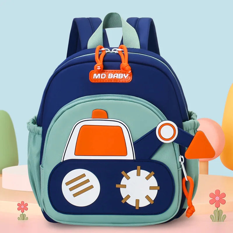 A light green backpack featuring an orange digger truck design with circular and gear-like emblems.