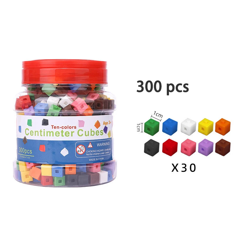A clear container filled with 300 colorful centimeter cubes for early math learning
