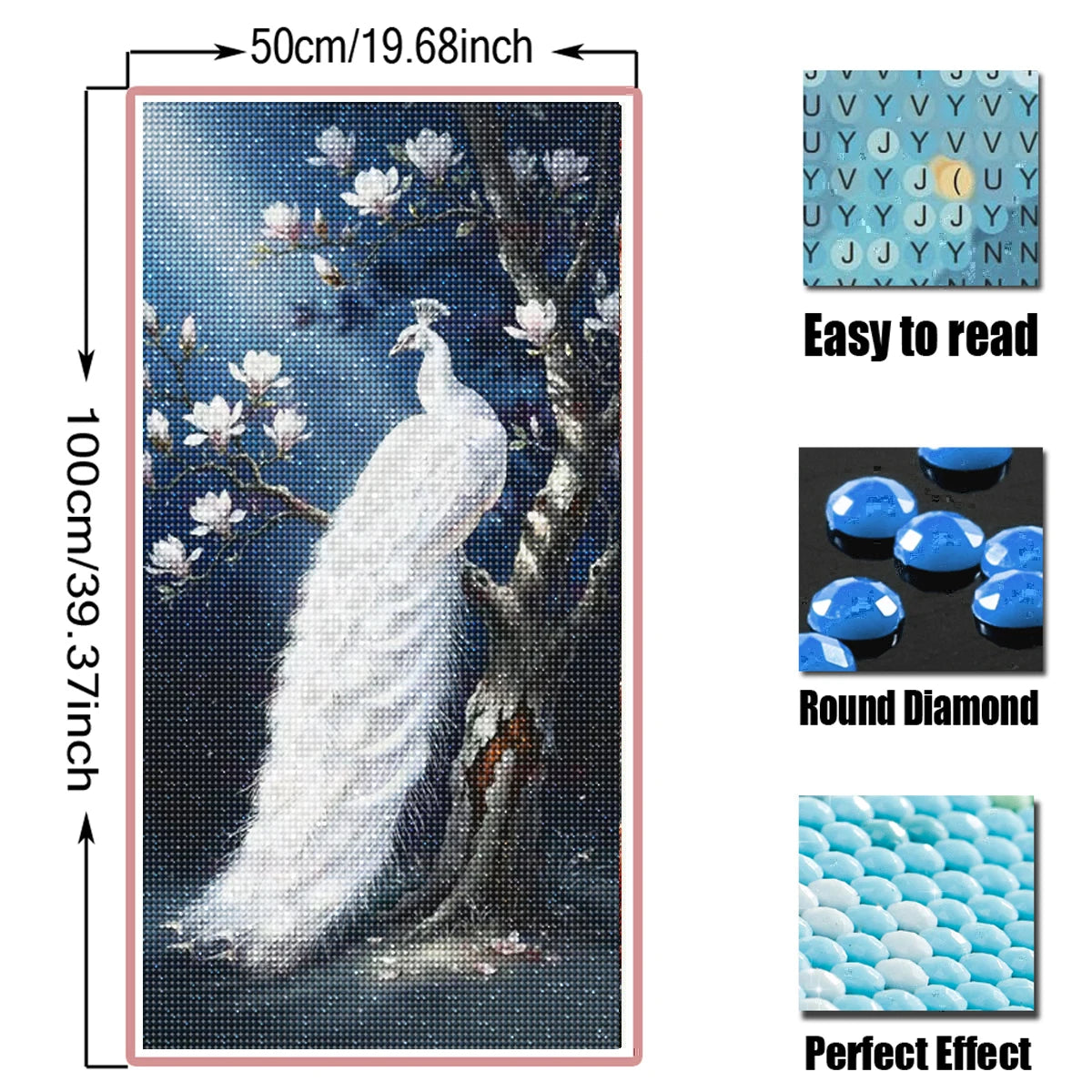 Diamond painting kit featuring a white peacock and magnolia on a dark blue background