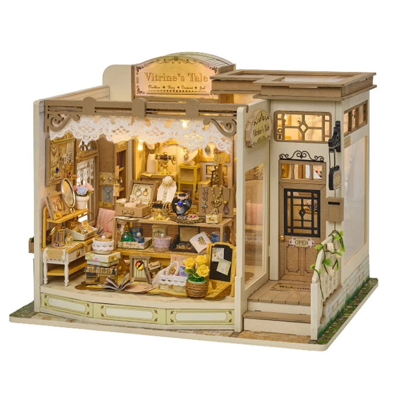 A detailed wooden miniature dollhouse kit featuring a storefront and interior display.