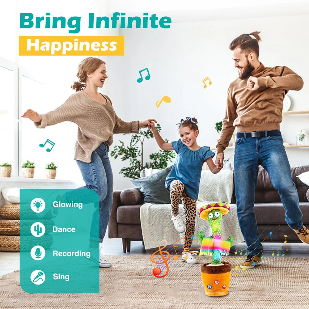 A family is playing with an interactive talking cactus toy that features music, dance, and voice recording.