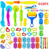 A set of 44 random colored dough tools for kids including cutters, a rolling pin, and an extruder.